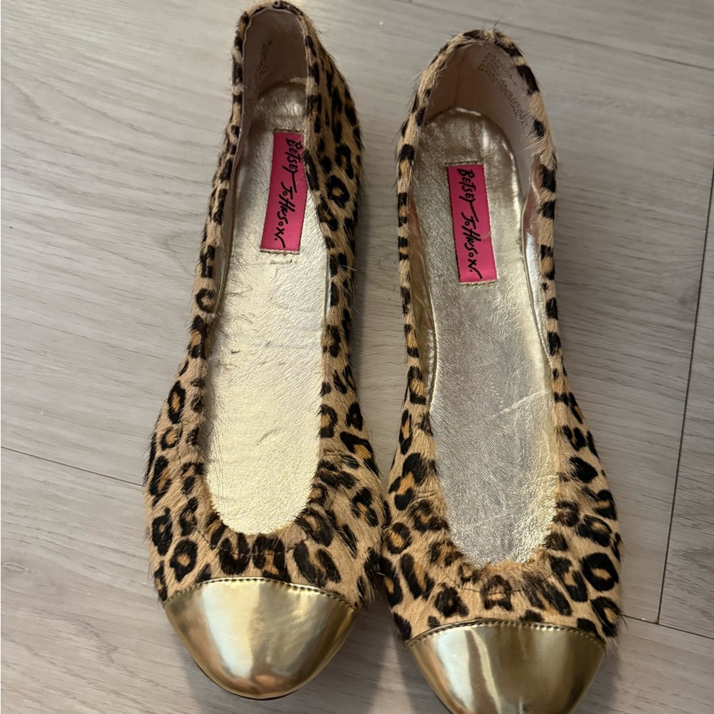Betsey Johnson Animal Print Flats with Metallic Gold Toe